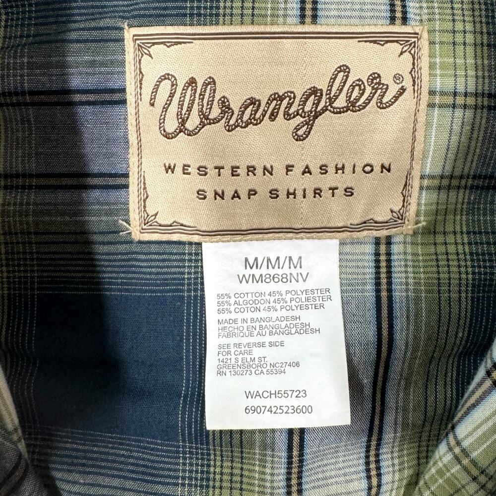 Wrangler Men's Green Plaid Pearl Snap Button Western Shirt Medium Long Sleeve - Picture 4 of 4